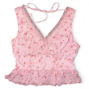 Lush Pink Y2K Lace Floral Babydoll Mini Flare Smocked Deep V Top M